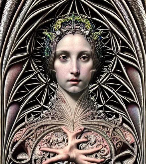 Image similar to hyperrealistic detailed portrait of a beautiful young goddess morphing into a gothic cathedral, authentic ornamental architecture, art by ernst haeckel, android jones, h. r. giger, gothic, neo - gothic, heavily ornamental,