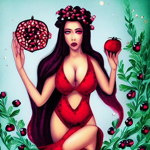 Prompt: sexy Persephone with pomegranate