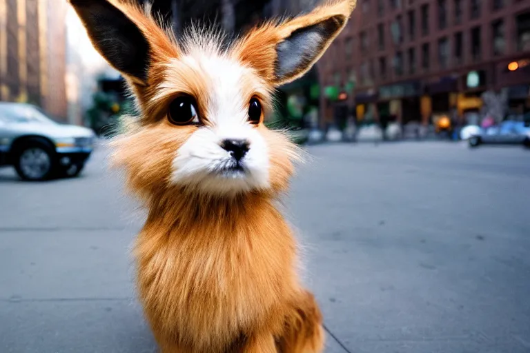 Prompt: closeup potrait of Eevee on a new york sidewalk, natural light, sharp, detailed face, magazine, press, photo, Steve McCurry, David Lazar, Canon, Nikon, focus