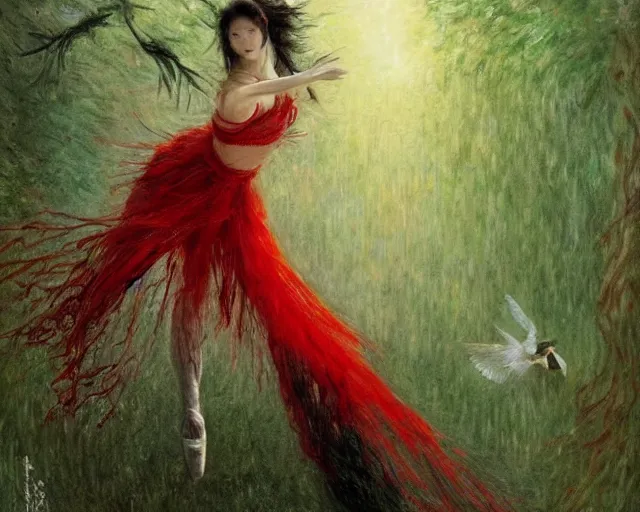 Prompt: a prima ballerina japanese art with a red scarf, medium long brown hair, green eyes, is looking at a bird, ethereal, horror, fantasy art by greg rutkowski and magali villeneuve and claude monet