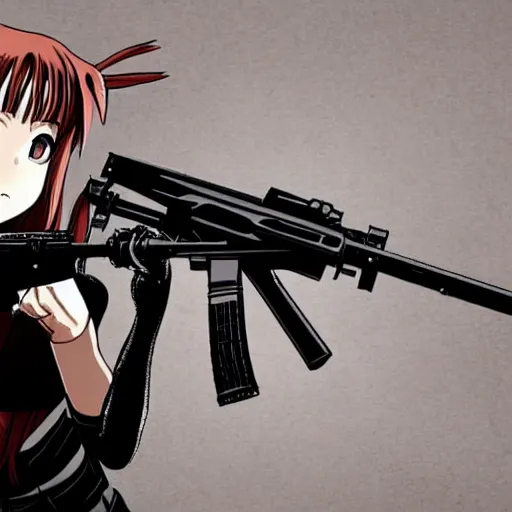 Image similar to girl holding an ak - 4 7 automatic rifle, anime style