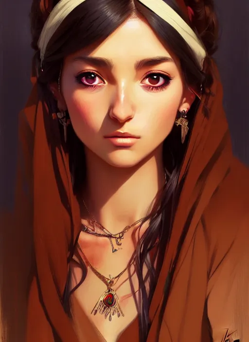 Image similar to a comic portrait of an gypsy girl, fine - face, realistic shaded perfect face, fine details, jewelry, night setting. very anime style. realistic shaded lighting poster by ilya kuvshinov katsuhiro, magali villeneuve, artgerm, jeremy lipkin and michael garmash, rob rey and kentaro miura style, trending on art station