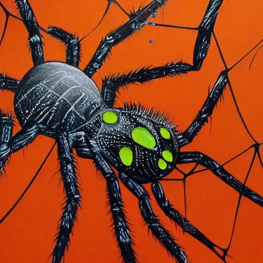 Prompt: an acrylic painting on canvas of a spider catching his next meal in his web, striking colors, masterpiece, spiderweb landscape, detailed, spider detailed with large fangs