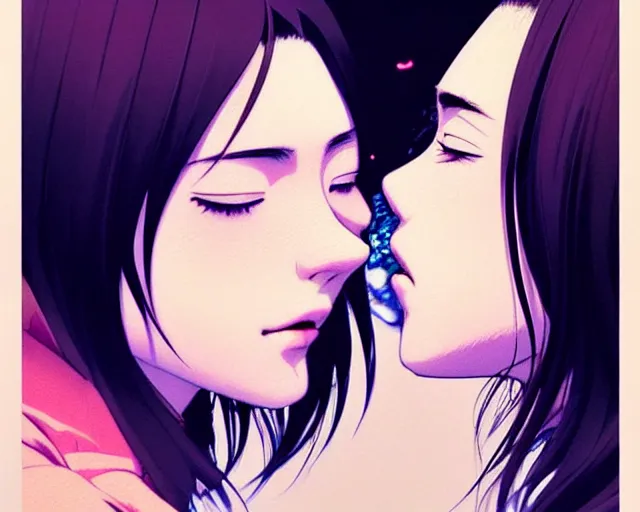 Image similar to two girls kissing | very very anime!!!, fine - face, audrey plaza, realistic shaded perfect face, fine details. anime. realistic shaded lighting poster by ilya kuvshinov katsuhiro otomo ghost - in - the - shell, magali villeneuve, artgerm, jeremy lipkin and michael garmash and rob rey