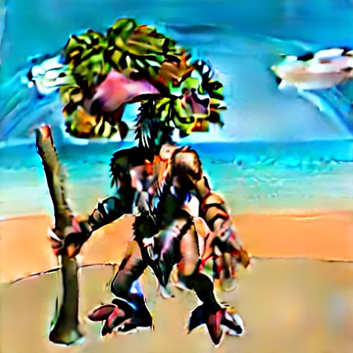 Image similar to Kobold wearing caveman clothes at a beach