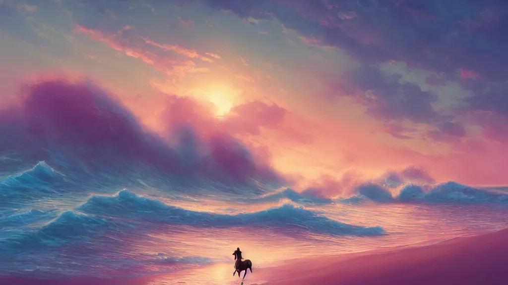 Image similar to a horse riding along a pink beach with impossibly large waves crashing against the shoreline, beautiful twilight sunset background, by sylvain sarrailh, rossdraws, ambient light, ultra detailed, fantasy artwork, 8 k, volumetric lighting, trending on artstation, award winning, very beautiful.