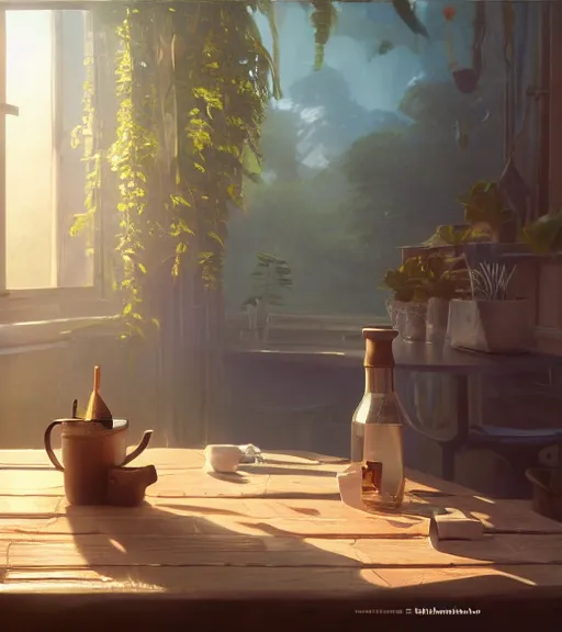 Image similar to highly detailed spilled milk on the table, unreal engine, loish, rhads, makoto shinkai and tom bagshaw, reflective global illumination, god rays, detailed and intricate environment