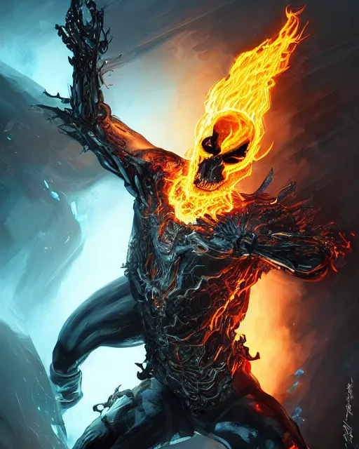 Image similar to ghost rider symbiote, dynamic lighting, fantasy concept art, trending on art station, stunning visuals, creative, cinematic, ultra detailed, comic strip style