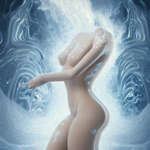 Image similar to 3 d pyro liquid simulation render, octane render, xparticles, abstract female bodies, intricate details, female body covered in white blanket, white carved abstract sculpture, amethyst mineral quartz, swirly curls, abstract white fluid, golden edges and fractals, wasili kandinski, artstation, render, cinema 4 d, art noveau fresco, liquid acrylic painting