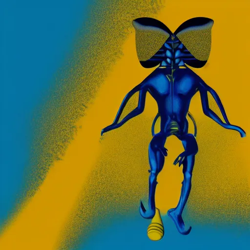 Image similar to human man that resembles a wasp morh in surreal sketch style, blue and yellow gradient, noise, ultrafine detail, hd 8k, logo illustration