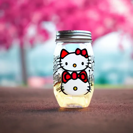 Prompt: hello kitty in a mason jar, 4 k, hyper realistic, dslr, high resolution, landscape, beautiful