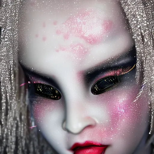 Image similar to mad albino geisha covered in glitter, unreal engine octane, detailed,intrincate, realistic,8k, epic lights