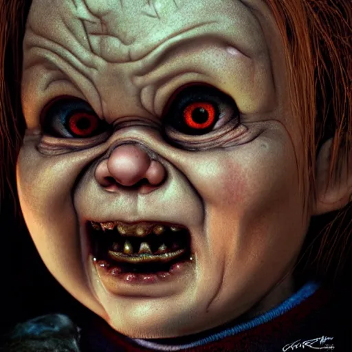 Image similar to portrait of chucky, horror, intricate artwork, concept art, octane render, deviantart, cinematic, key art, hyperrealism, iridescent accents, portrait photograph, nikon 3 5 mm, photograph by greg rutkowski