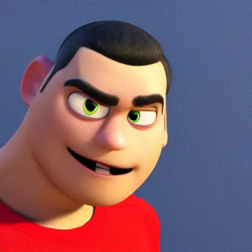 Prompt: handsome thin athletic white man with short buzzed widows peak hair, facial stubble, and eyes are blue, wearing tank top, posing outside, depicted as a Pixar character, high quality cg render, 4k