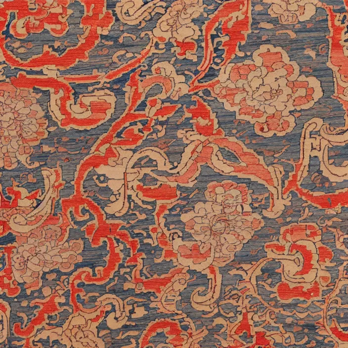 Image similar to A Persian carpet with Japanese ukiyo-e patterns and soft colors laid flat.