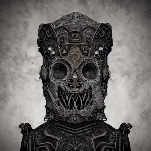 Image similar to extra wide view. an ominous dark ancient mask. barron. worn out photography. sepia. cracks. hyper - detailed. gothic steampunk. low poly medieval baroque. symmetric. epic. hyper - realistic. unreal render.