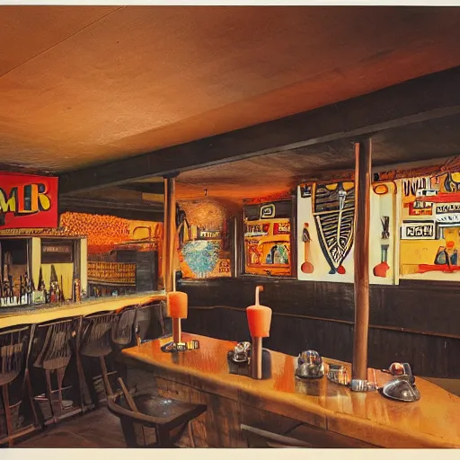 Image similar to mid century magazine advertisement for a midwest tiki bar in indianapolis. ambient lighting, highly detailed. 3 5 mm.