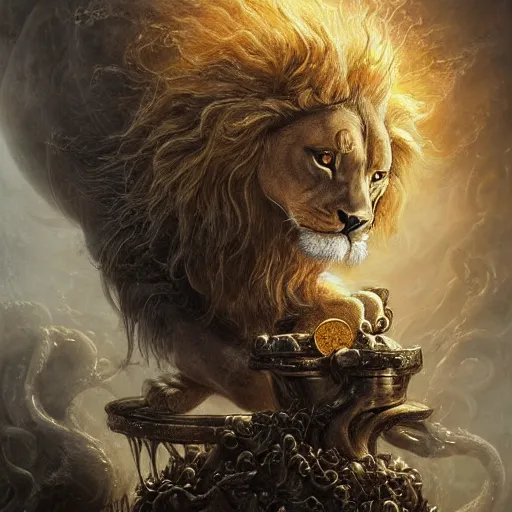Image similar to a beautiful detailed 3 d matte portrait of a alchemist lion, by ellen jewett, by tomasz alen kopera, by justin gerard, ominous, magical realism, texture, intricate, skull, skeleton, gold coins, money, whirling smoke, alchemist bottles, radiant colors, fantasy, volumetric lighting, high details