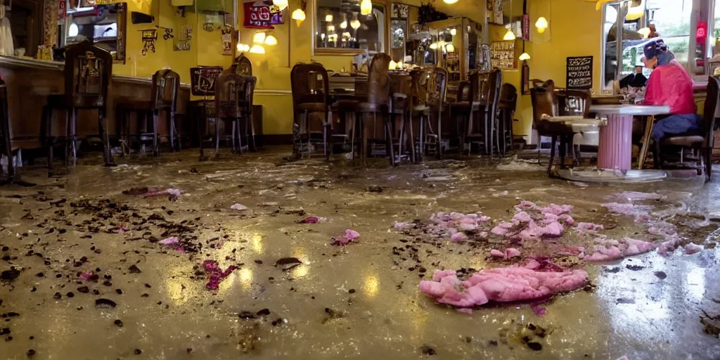 Prompt: inside a leaking freezer of melting ice cream cases is in an old fashioned ice cream parlor. the leak has made a big colorful puddle of melted ice cream on the floor and the puddle is reminiscent to the shape of werewolf fangs.