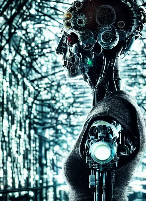 Prompt: 35mm portrait of a sophisticated intricate terminator woman's head on the background of a weird magical mechanical forest. Round gears visible inside her hear. Very detailed 8k. Fantasy cyberpunk horror. Sharp. Cinematic post-processing