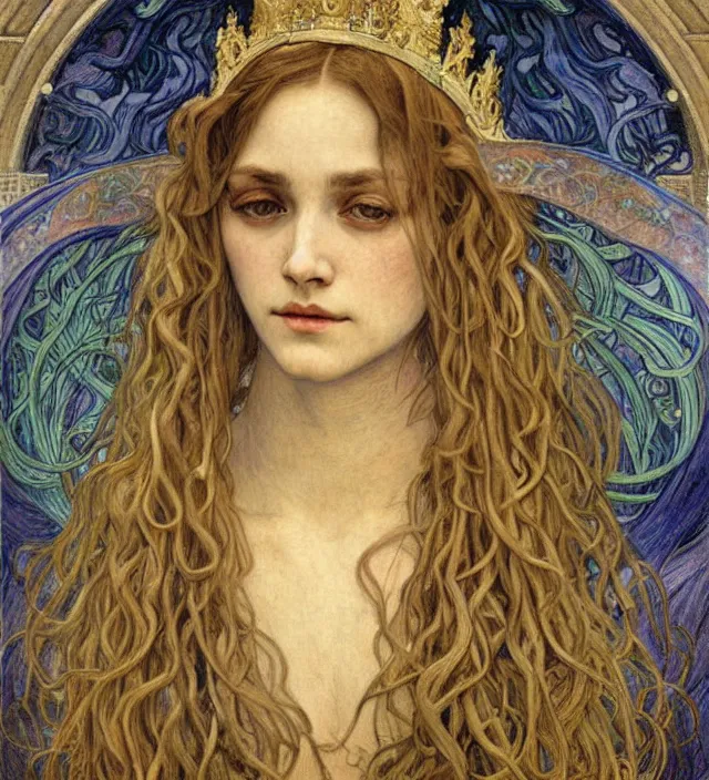 Image similar to detailed realistic beautiful young medieval queen face portrait by jean delville, alphonse mucha, vincent van gogh, and marco mazzoni, art nouveau, symbolist, visionary, gothic, pre - raphaelite