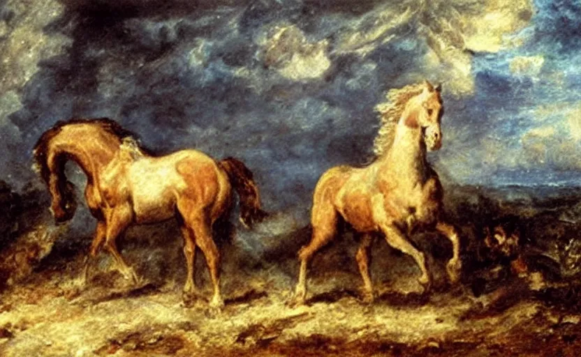 Prompt: oil painting by delacroix of a horse frightened by a thunderstorm.