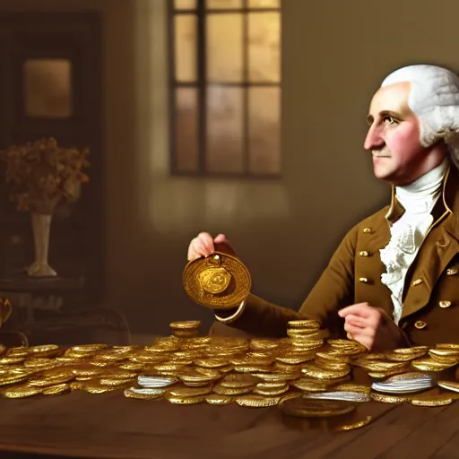 Image similar to a closeup photorealistic photograph of a happy George Washington inspecting small gold Doubloon coins at his home on Cherry Street. This 4K HD image is Trending on Artstation, featured on Behance, well-rendered, extra crisp, features intricate detail and the style of Unreal Engine.