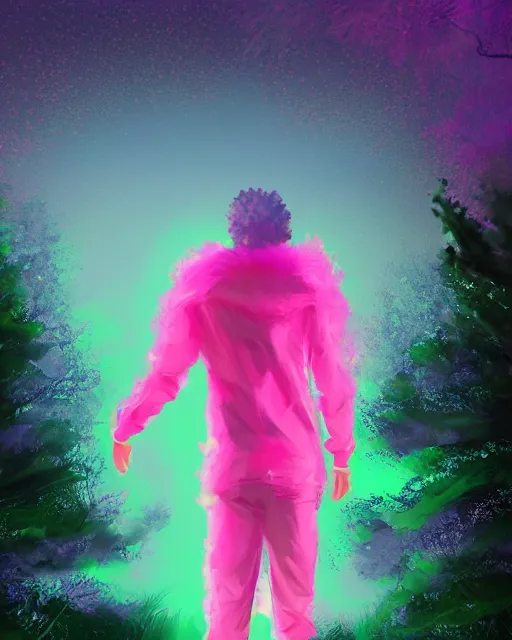 Image similar to man with pink glowing afro wearing disco jacket, standing in atmospheric spring forest at night, high contrast photoshop digital painting, beautiful moon lighting, best of artstation 4 k