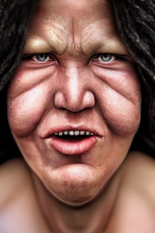 Image similar to real life big mom, pulitzer award, extreme close up, captured by nikon d 8 5 0, 4 k, body features, face features, bokeh, anatomy features, object features, by artgerm and daniel berehulak and adnan abidi and preston gannaway