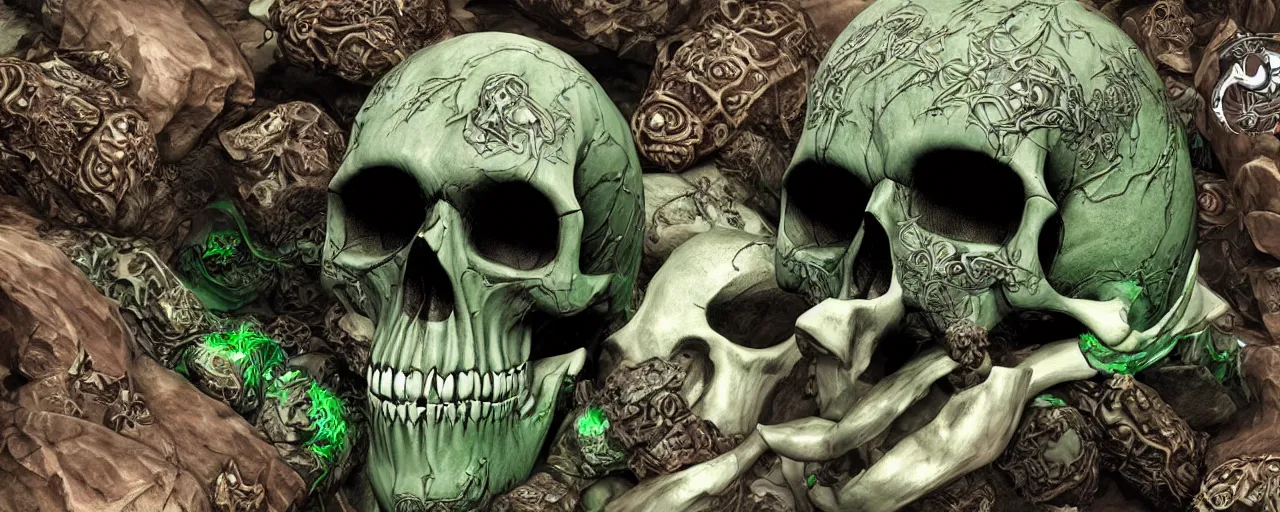 Prompt: simple magic ring of poison, skull, skulls, teeth, green, black, purple. smooth shank, crystals, engravings, product design, jewelry, colorful, art by gerald brom, greg rutkowski and artgerm, photo realism, unreal engine, c 4 d