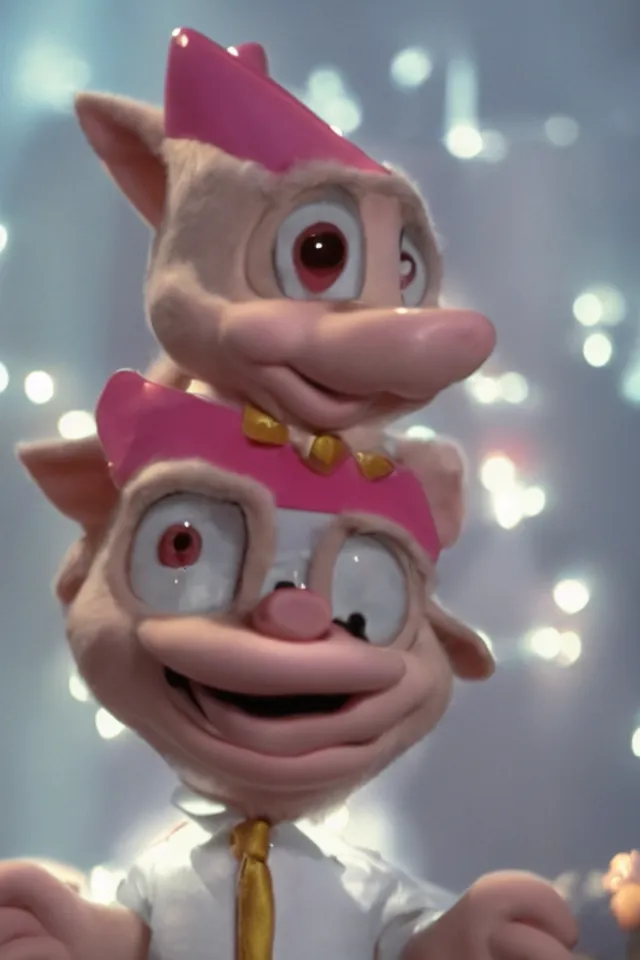 Image similar to porky pig wearing a crown, cinematic lighting, film still