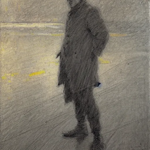Image similar to by sir james guthrie, by eric wallis spirited, unnerving iron. a beautiful drawing. i hurtled into my own future, while my ship ate space & time.