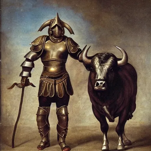 Prompt: a minotaur wearing steel plate armor and holding a mace, human dressed as a bull