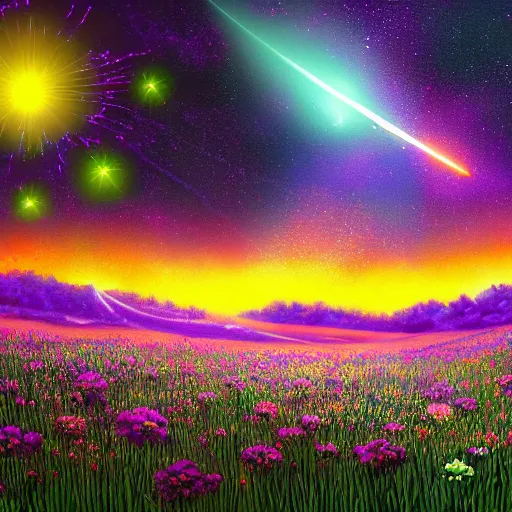 Prompt: meteor shower in a floral field, trending on artstation, hdr, fantasy art, vivid colors