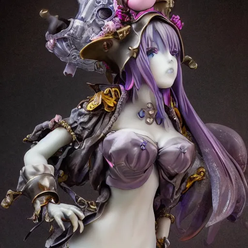 Image similar to by Yoshitaka Amano, by James Jean, by Good Smile Company, detailed resin anime sculpture of a 26yo female jester necromancer wearing a skull hat, close up dslr studio photograph, headshot, portrait, artstation, sci fi futuristic costume, mysterious temple setting, grim lighting