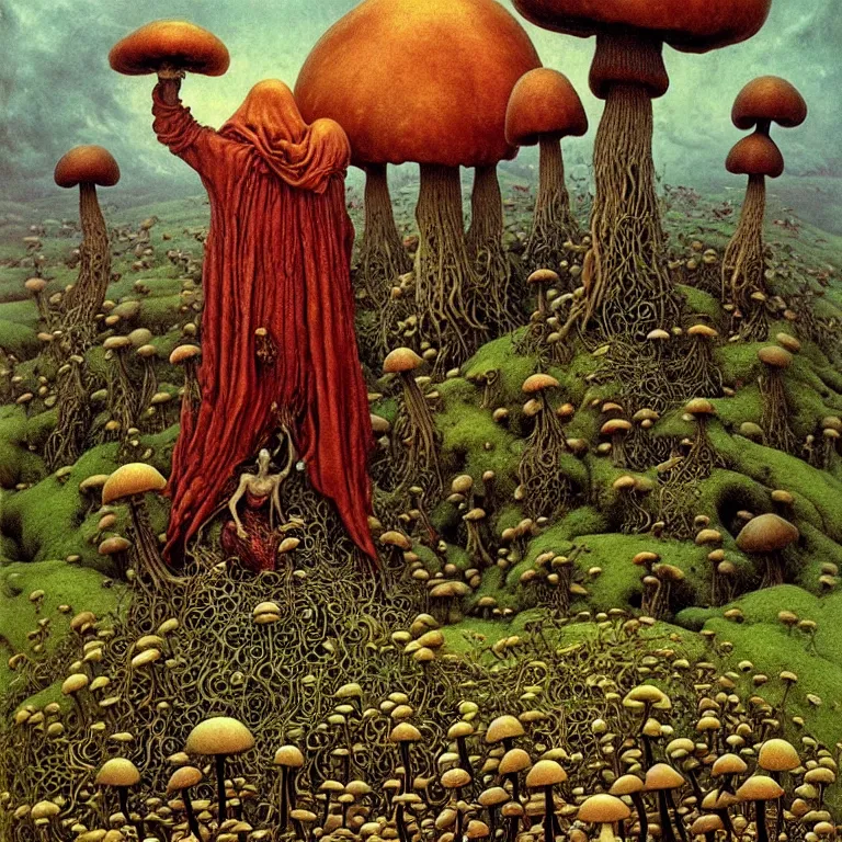 Prompt: The Mushroom-God, the lord of mushrooms, dressed in mushrooms stands among mushroom hills. Lush mold. Fungi. Grebes. Psilocybin. Extremely high detailed, fine details, realistic, fantasy art, masterpiece, art by Zdzisław Beksiński, Arthur Rackham, Dariusz Zawadzki, Thomas Kinkade