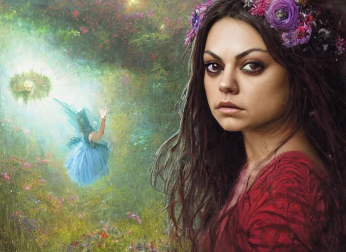 Image similar to Mila Kunis staring into the camera, misty wisps, Lilia Alvarado, Sophie Anderson, Mark Arian, Bob Byerley, Charlie Bowater, Mark Brooks, Steve Henderson, Justin Gerard, Arthur Hughes, Edward Robert Hughes, Mark Keathley, Victor Nizovtsev, Carlos Shwabe, Ross Tran, WLOP