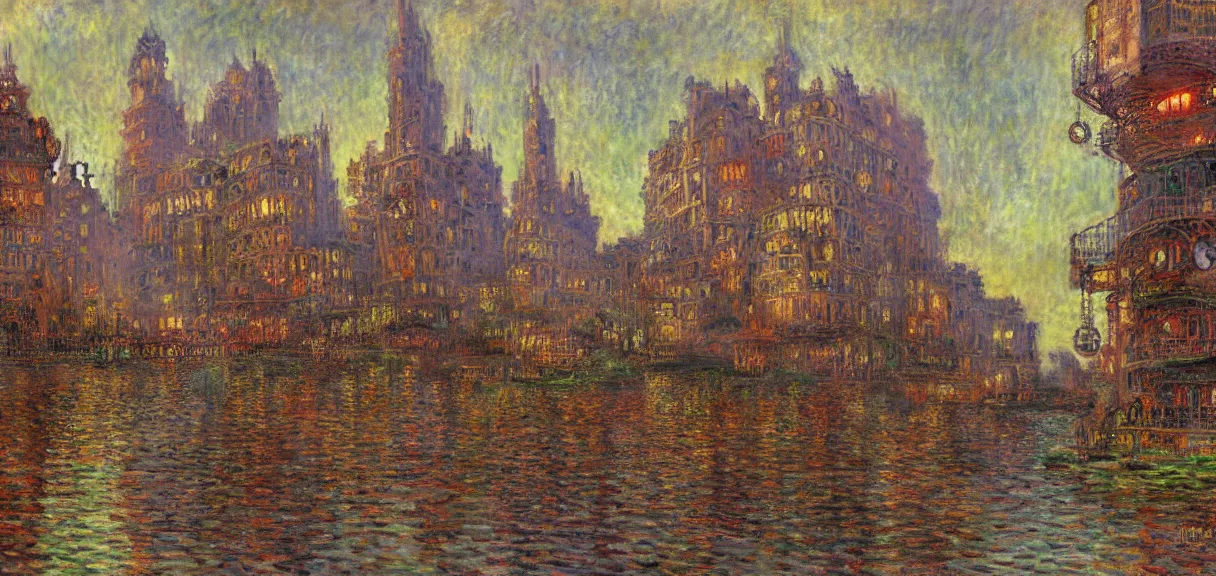 Image similar to a steampunk city in the style of claude monet, digital art.