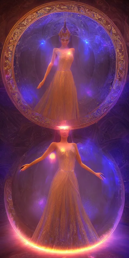 Prompt: goddess of illusion, beautiful, stunning, breathtaking, mirrors, glass, magic circle, magic doorway, fantasy, mist, bioluminescence, opalescence iridescence hyper - realistic, unreal engine