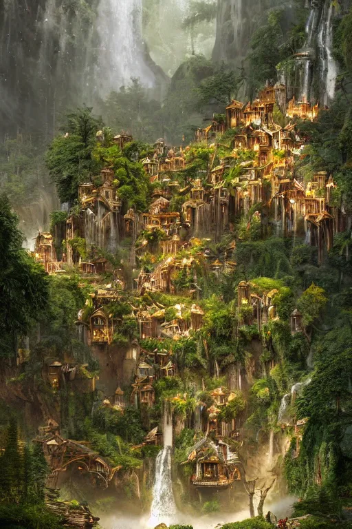 Prompt: wooden elven City with golden roofs, on top of a WATERFALL in the fall, gnarly trees, lush vegetation, forrest, a small stream runs beneath the waterfall, landscape, raphael lacoste, eddie mendoza, alex ross, john howe, concept art, matte painting, highly detailed, rule of thirds, dynamic lighting, cinematic, detailed, denoised, centerd