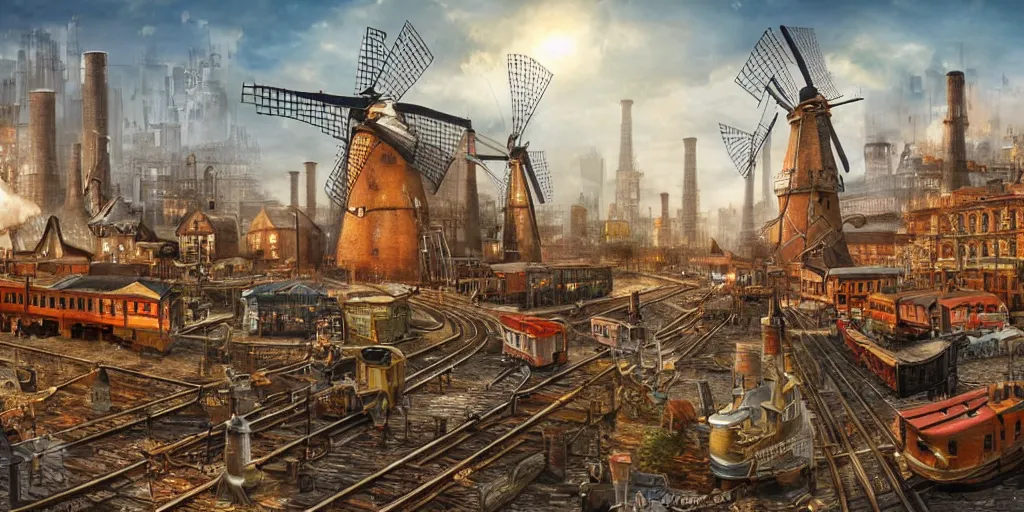 Image similar to A highly-detailed 3d digital artwork cityscape of an industrial steampunk city with windmills, tall wooden buildings, steam-powered factories, floating wooden boats, steel cars, steel steam trains, giant blimps