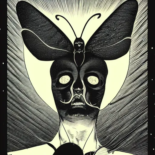 Prompt: a guy, moths on face, by virgil finlay, by kilian eng,
