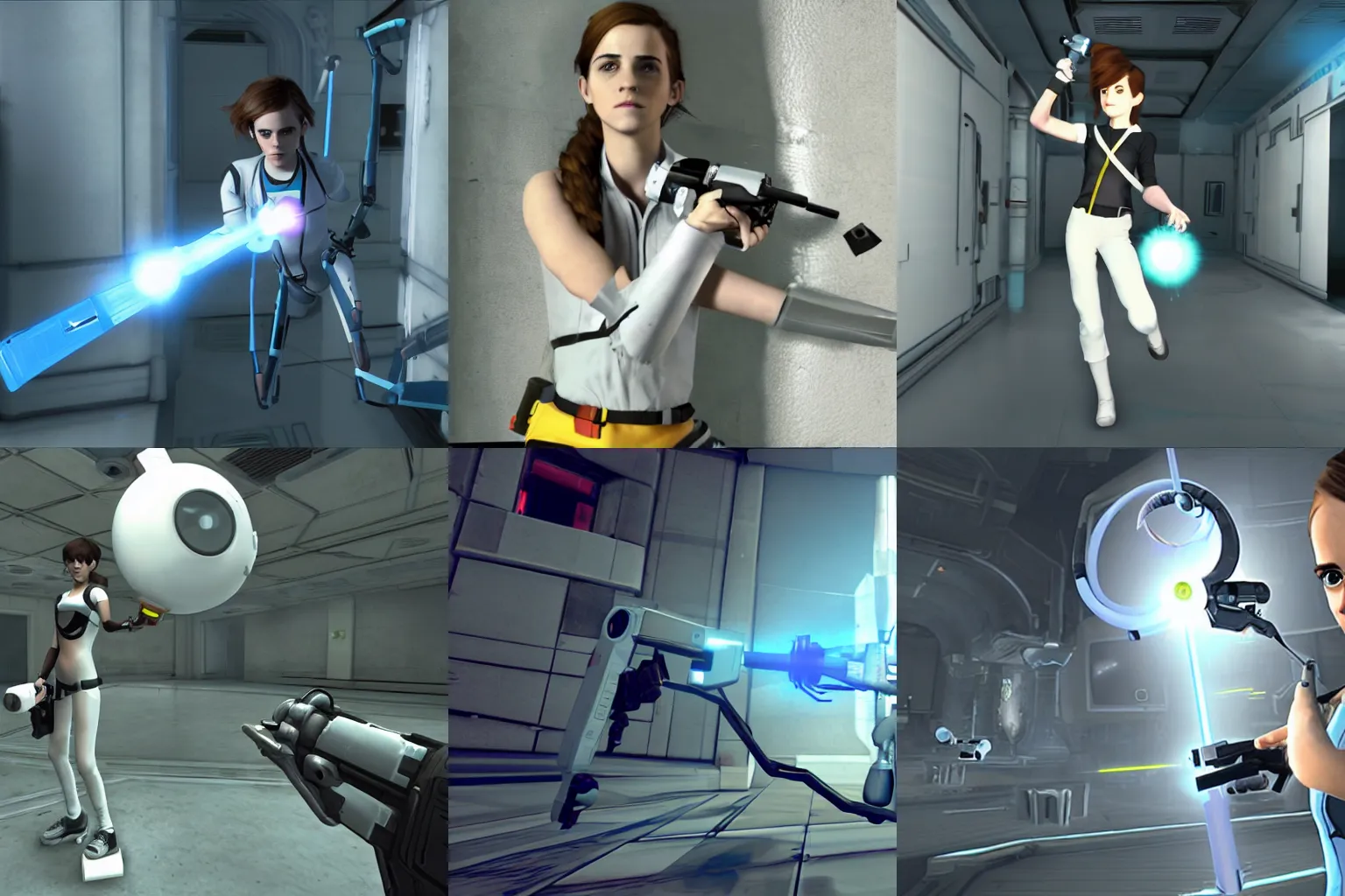 Prompt: Screenshot of Emma Watson in Portal 2, holding a portal gun