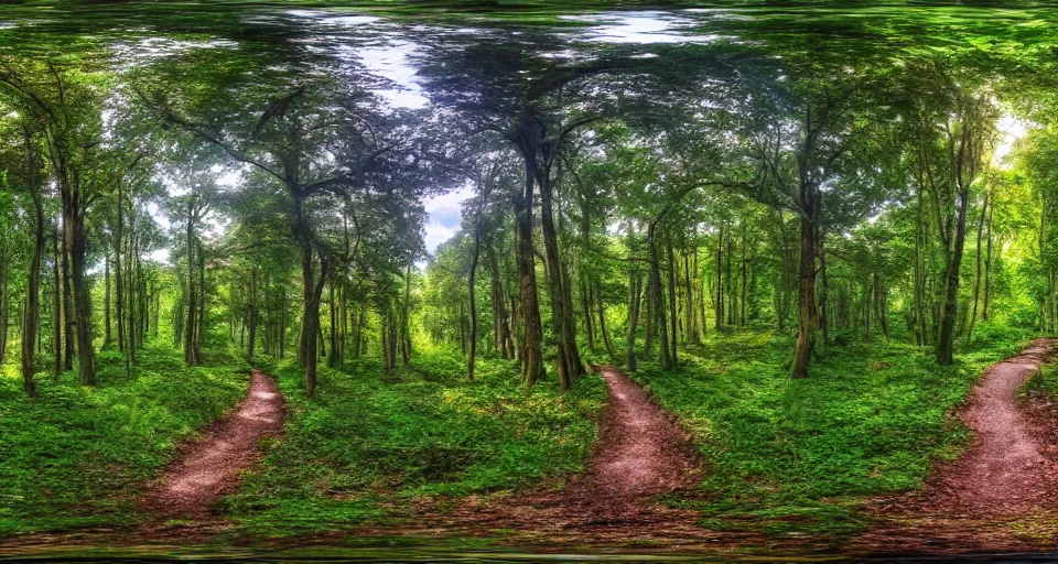 Image similar to A panoramic 360 landscape photo of beautiful forest pathway scenery. PROMPT, XF IQ4, 150MP, 50mm, f/1.4, ISO 200, 1/160s, natural light, Adobe Photoshop, Adobe Lightroom, DxO Photolab, Corel PaintShop Pro, rule of thirds, symmetrical balance, depth layering, polarizing filter, Sense of Depth, AI enhanced