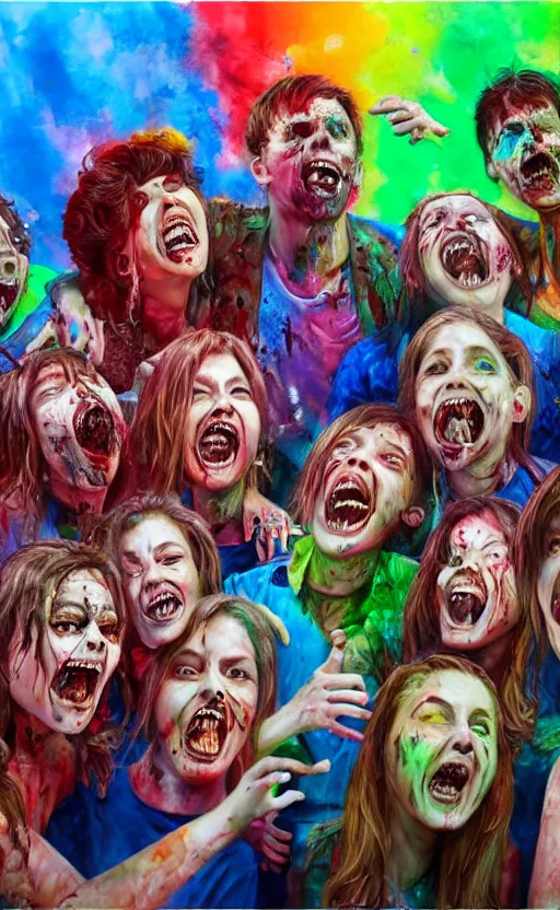 Prompt: beautiful detailed photorealistic painting of a group of friends dressed as zombies in a karaoke, singing karaoke. they are smiling and having fun. the friends are happy and having fun. vibrant, high quality, vibrant colors, very funny, beautiful, hq. hd. 4 k. award winning. trending on artstation