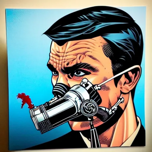 Prompt: a profile photo of an james bond with a diving oxygen mask with side profile blood in ocean intricate details by MARVEL comics and Sandra Chevrier-C