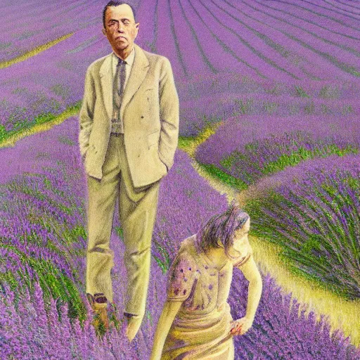 Image similar to albert camus in a lavender field, subtle, intricate details, real masterpiece, oil on canvas