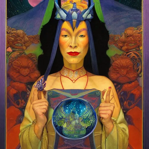 Prompt: queen of the moon with her lantern and regalia, by donato giancola and nicholas roerich, and diego rivera, and leo and diane dillon, symbolist, tattoos, dramatic lighting, elaborate geometric ornament, art brut, god rays, soft cool colors, smooth, sharp focus, extremely detailed