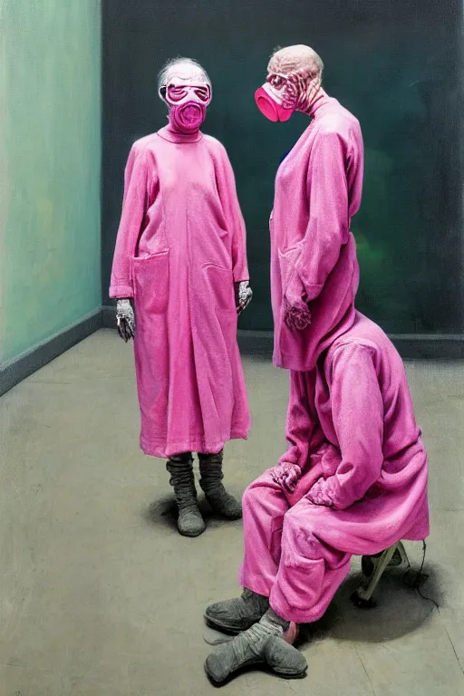 Prompt: two skinny old people with extra limbs, wearing gas masks, draped in pink and green robes, dirty concrete walls spray painted, hauntingly surreal, highly detailed painting by Francis Bacon, Edward Hopper, Adrian Ghenie, Gerhard Richter, and James jean Soft light 4K,