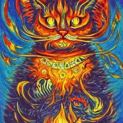 Image similar to a fire mage cat, louis wain, fantasy art